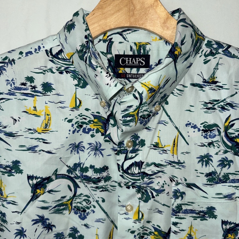 Men's LG SS Button Up Light Green Marlin Nautical Chaps Go Untucked
